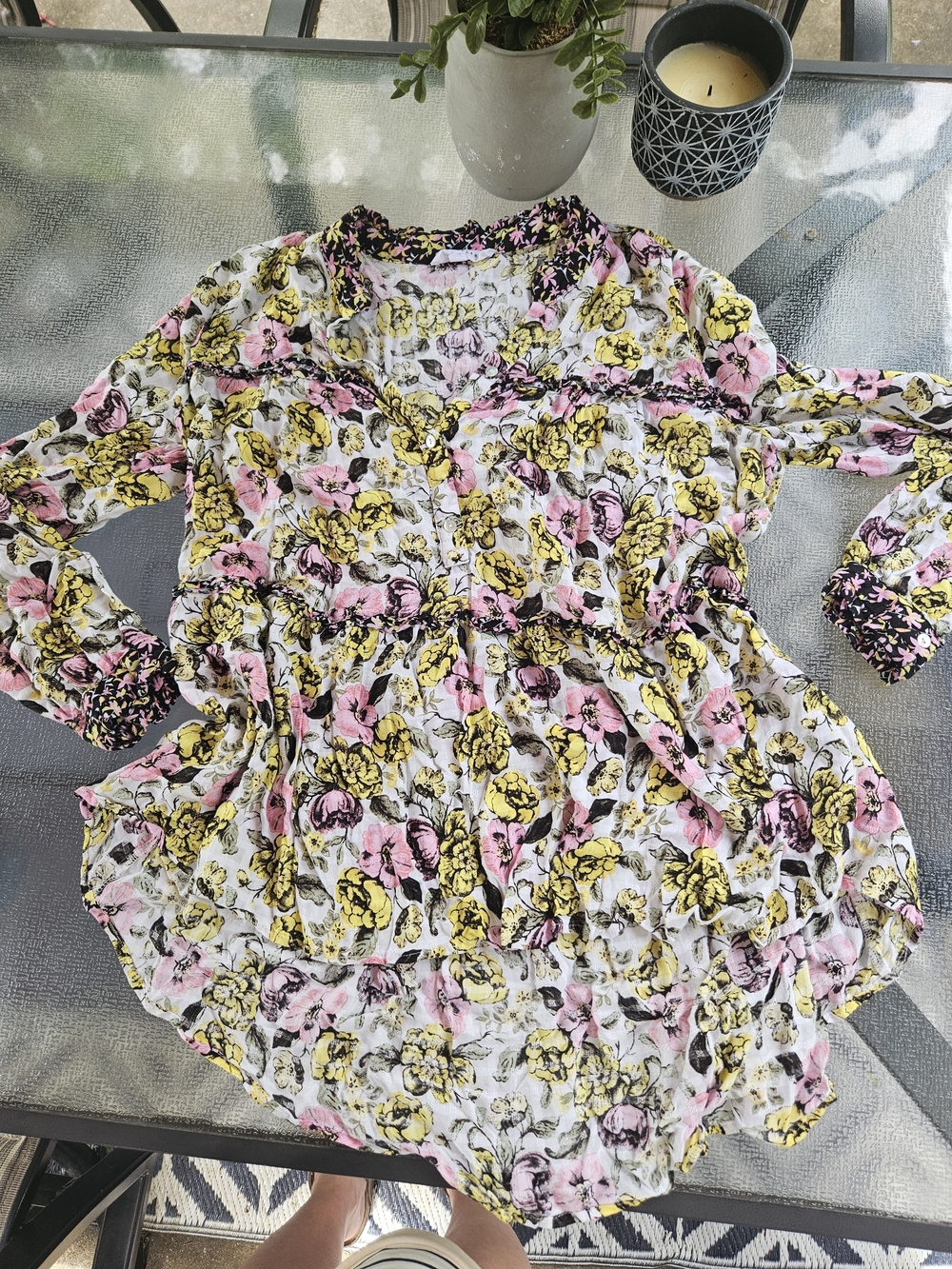 Jane and Delancey Floral Button-Front Tunic in Pink, Yellow & White